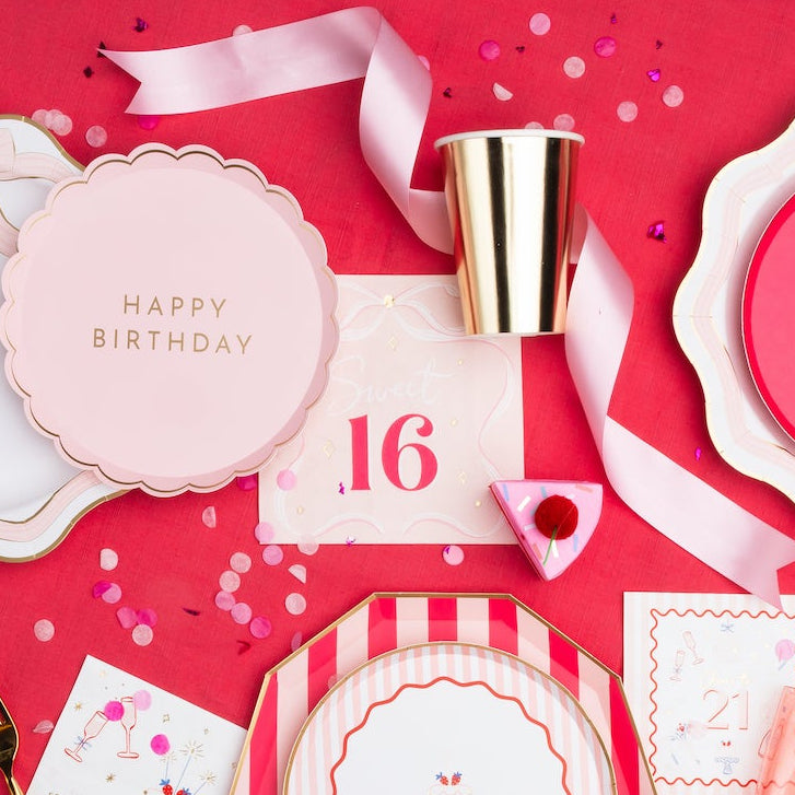 PETAL PINK SIGNATURE HAPPY BIRTHDAY SMALL PLATES Bonjour Fete Plates PETAL PINK SIGNATURE HAPPY BIRTHDAY SMALL PLATES Bonjour Fete - Party Supplies