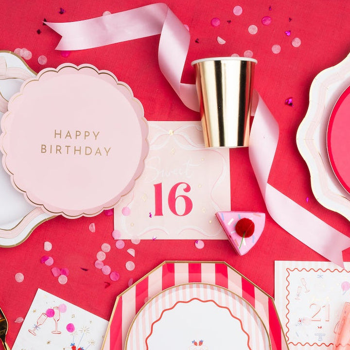 PETAL PINK SIGNATURE HAPPY BIRTHDAY SMALL PLATES Bonjour Fete Plates PETAL PINK SIGNATURE HAPPY BIRTHDAY SMALL PLATES Bonjour Fete - Party Supplies