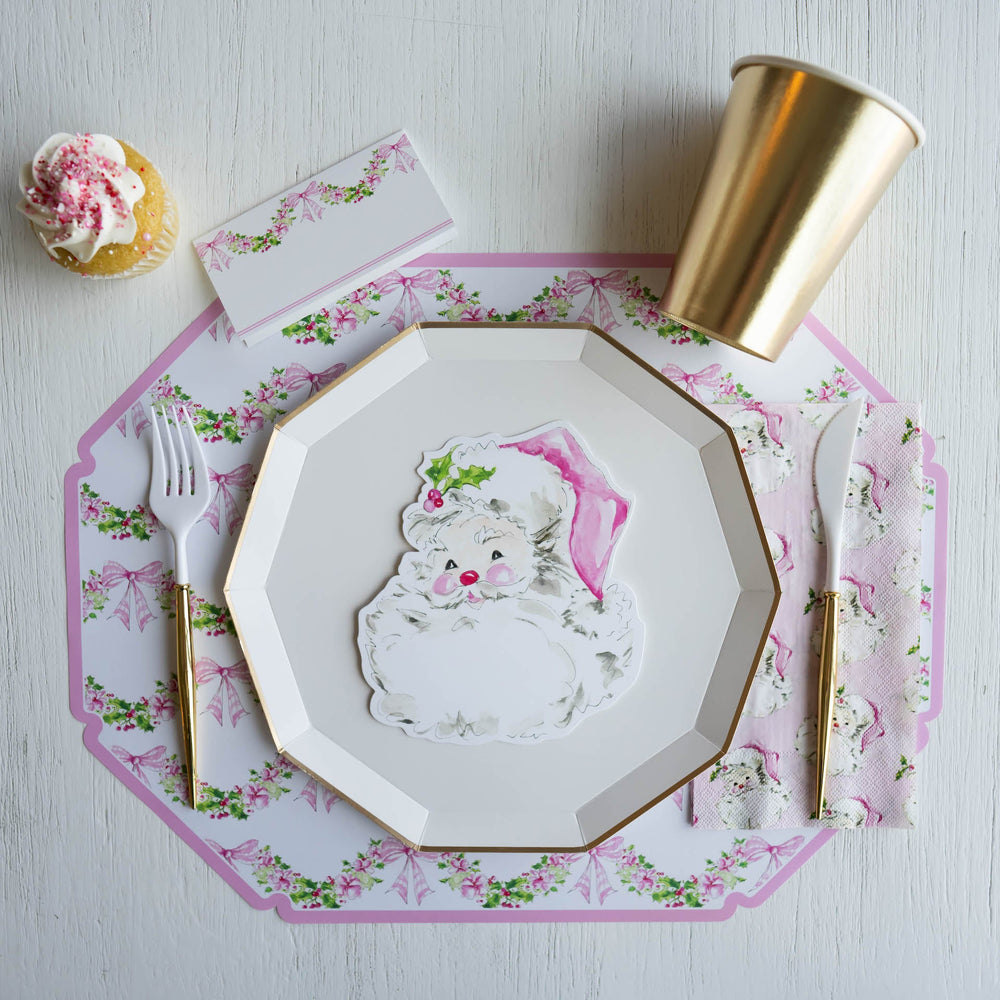 HANDPAINTED POSH PINK FLORAL AND HOLLY SWAG DIE-CUT PLACEMAT Bonjour Fete Christmas Holiday Party Supplies Bonjour Fete - Party Supplies