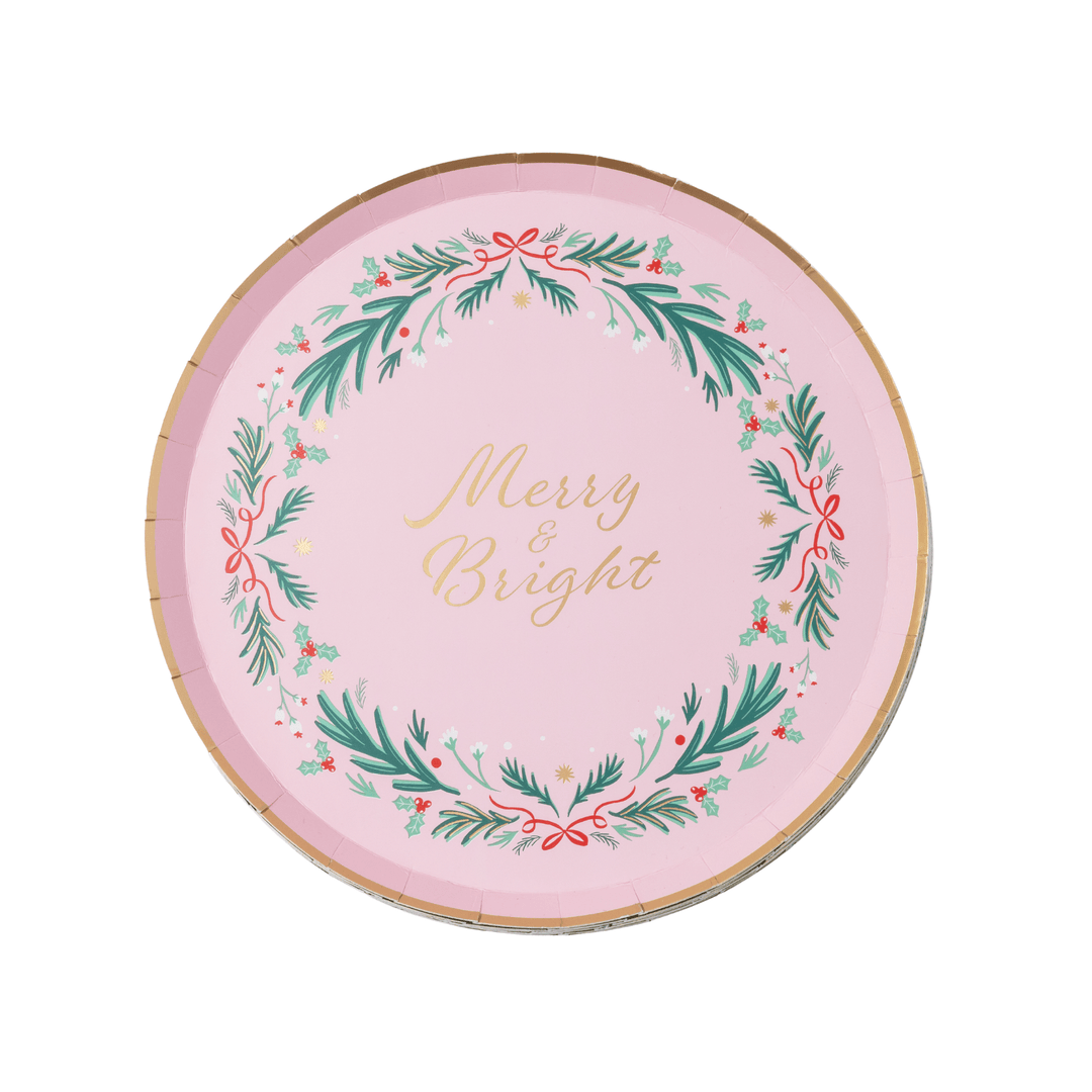 Pink Christmas wreath dessert plates for a festive holiday dessert table