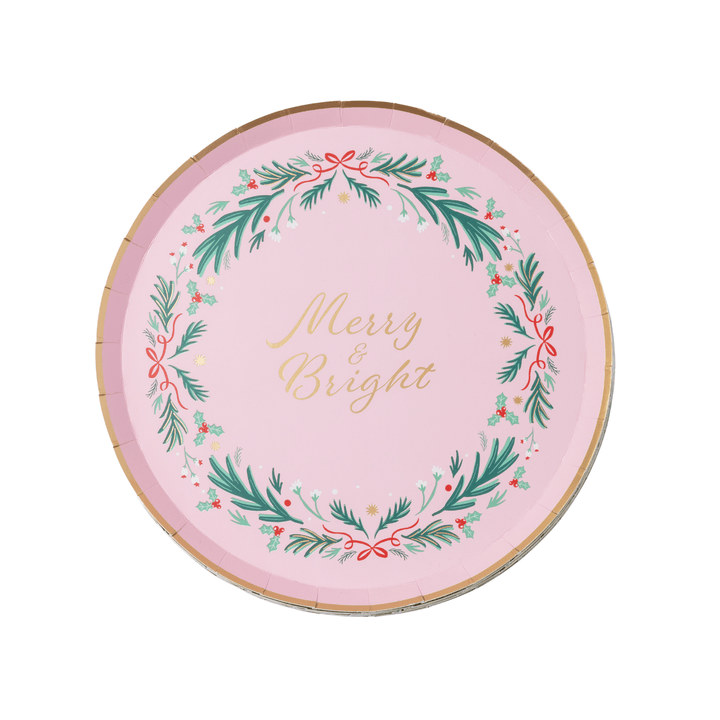 Pink Christmas wreath dessert plates for a festive holiday dessert table