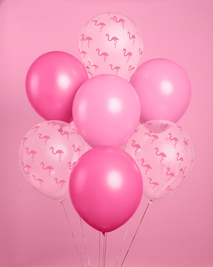 Bunch of pink flamingo latex balloons for a tropical pool party