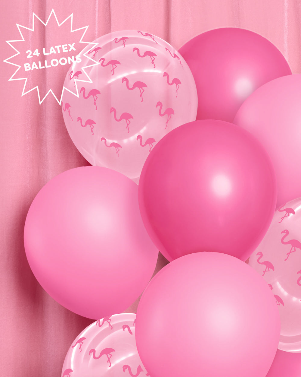 Close-up of clear latex balloons with a pink flamingo print
