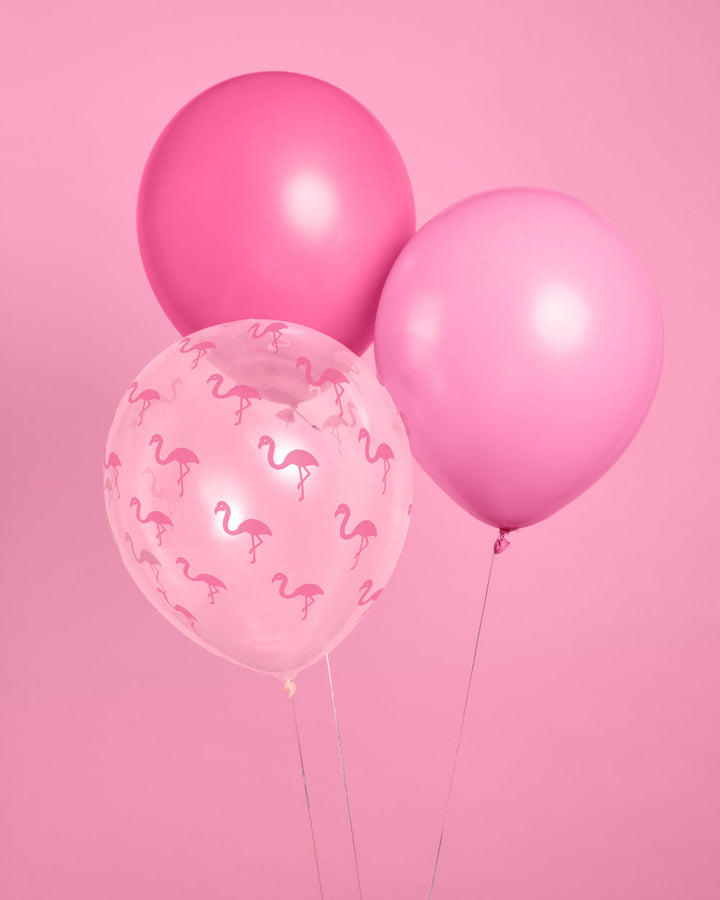 Pink flamingo latex balloon set in light and dark pink with a clear flamingo-print balloon
