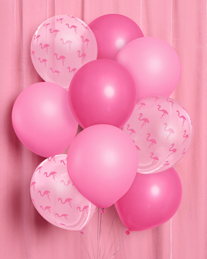 Bunch of pink flamingo latex balloons in light pink, hot pink, and clear with flamingo print