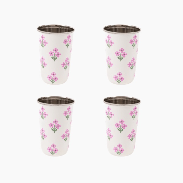 Pink Floral Tall Enamelware Tumblers - Set of 4