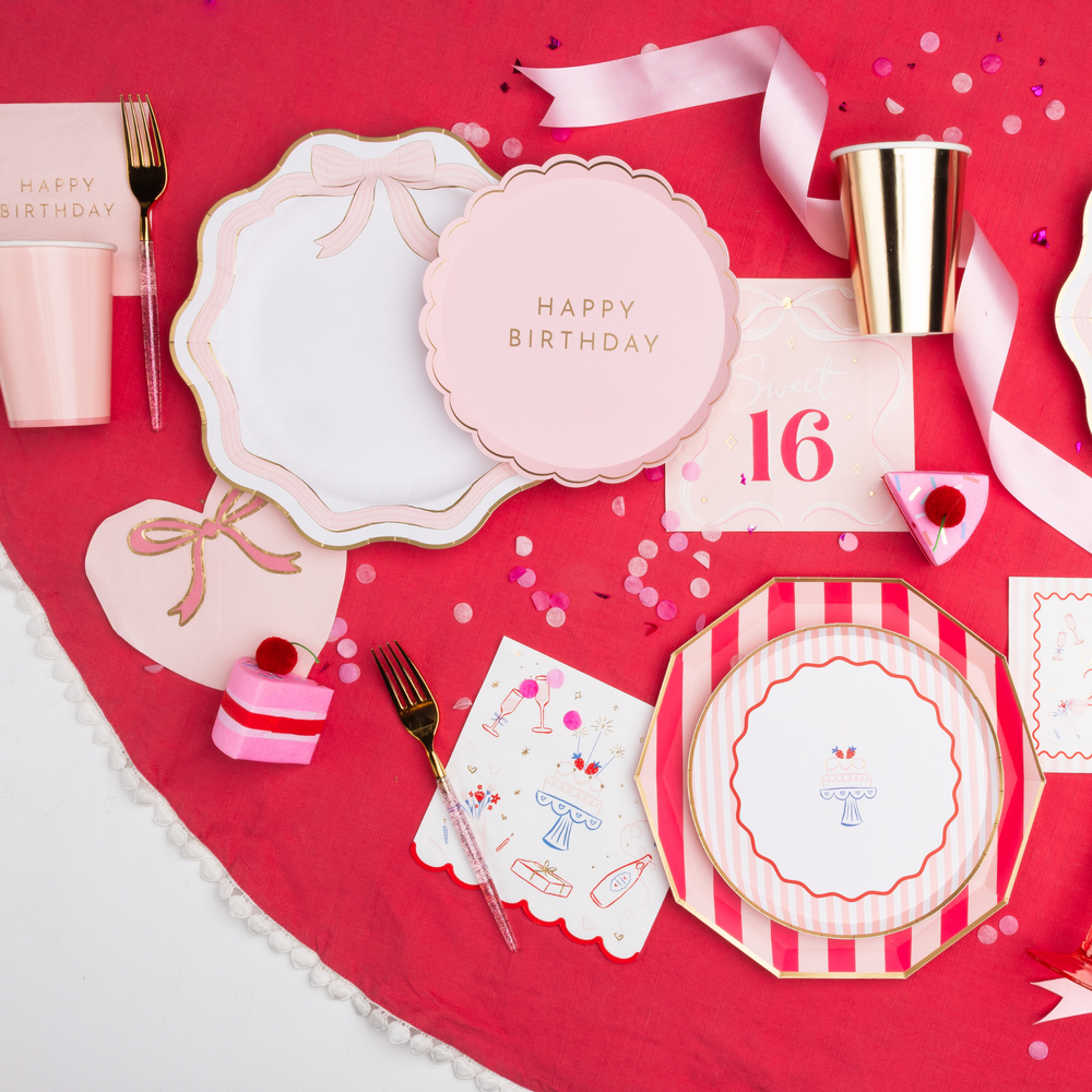 PETAL PINK SIGNATURE HAPPY BIRTHDAY SMALL PLATES Bonjour Fete Plates PETAL PINK SIGNATURE HAPPY BIRTHDAY SMALL PLATES Bonjour Fete - Party Supplies