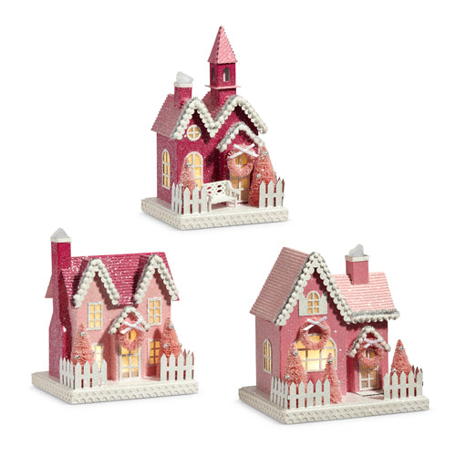 PINK LIGHTED VILLAGE Raz Christmas Trees & Houses Bonjour Fete - Party Supplies