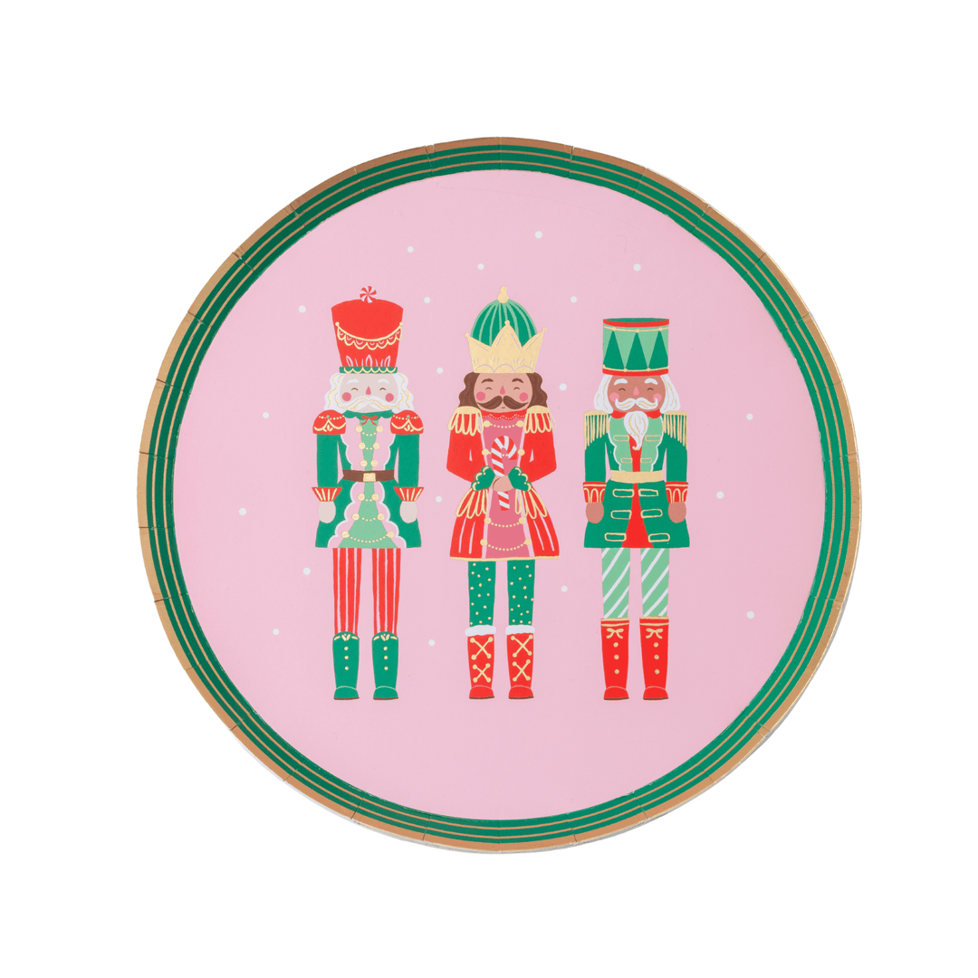 Pink nutcracker dessert plates for a whimsical Christmas dessert table
