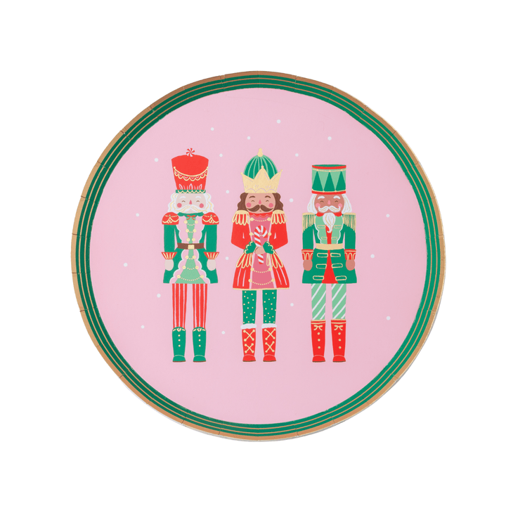 Pink nutcracker dessert plates for a whimsical Christmas dessert table