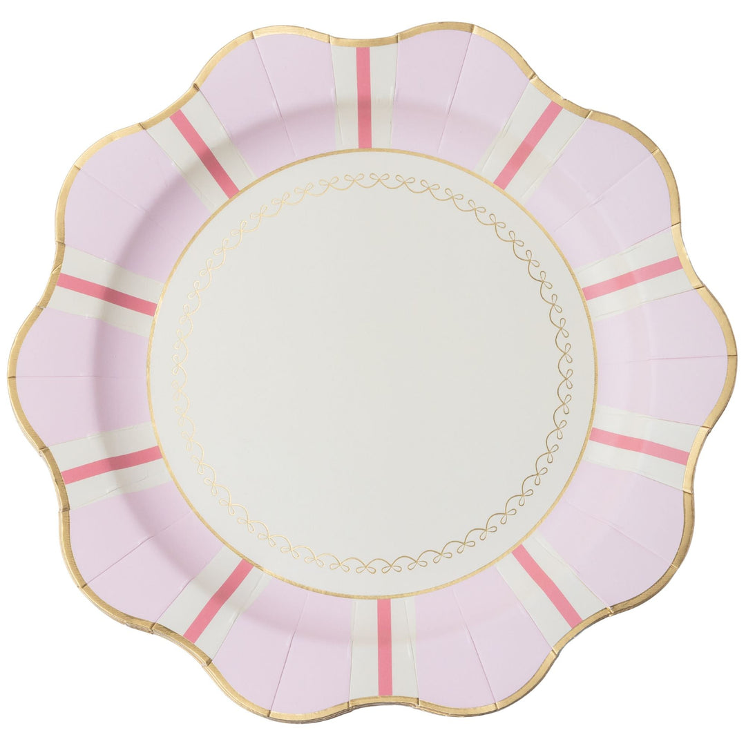 Petal pink regency stripe dinner plates with scalloped rim for a spring or bridal party