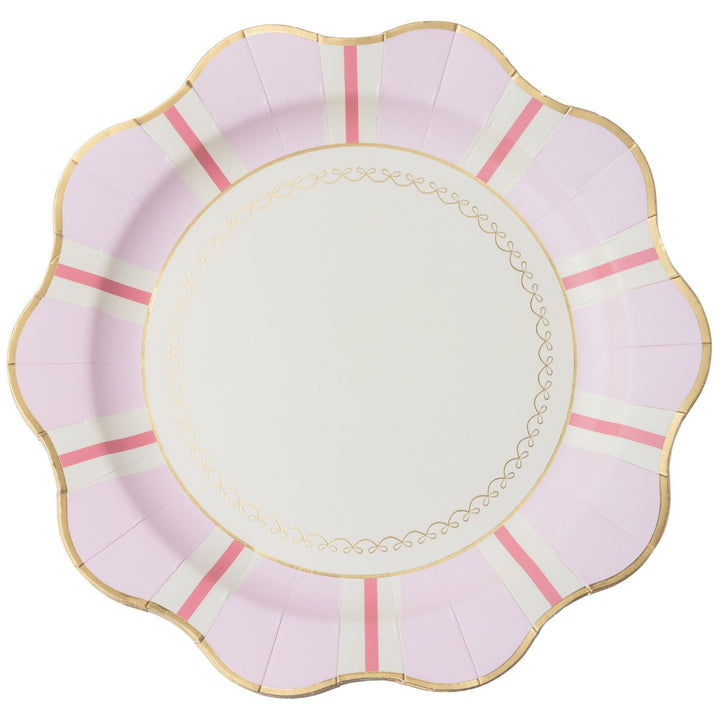 Petal pink regency stripe dinner plates with scalloped rim for a spring or bridal party