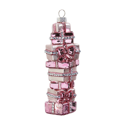 PINK STACK OF PRESENTS GLASS ORNAMENT Raz Christmas Ornament Bonjour Fete - Party Supplies