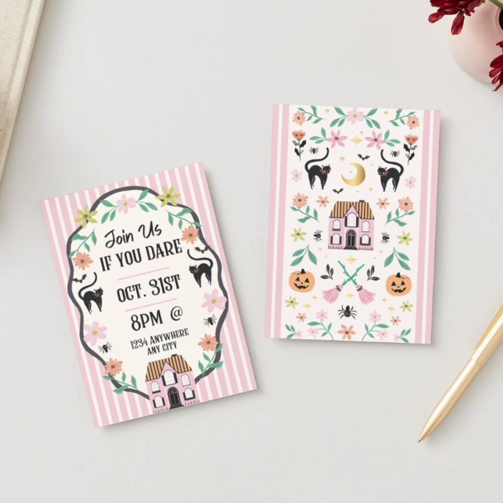 PINK HAUNTED HOUSE COTTAGECORE DIGITAL PARTY INVITATION Bonjour Fête  PINK HAUNTED HOUSE COTTAGECORE DIGITAL PARTY INVITATION Bonjour Fete - Party Supplies