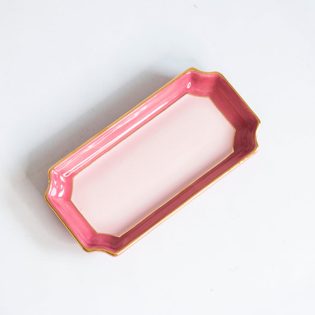 Rose pink two tone petite valet tray with gold trim shown at an angle, a cheerful Galentine's gift