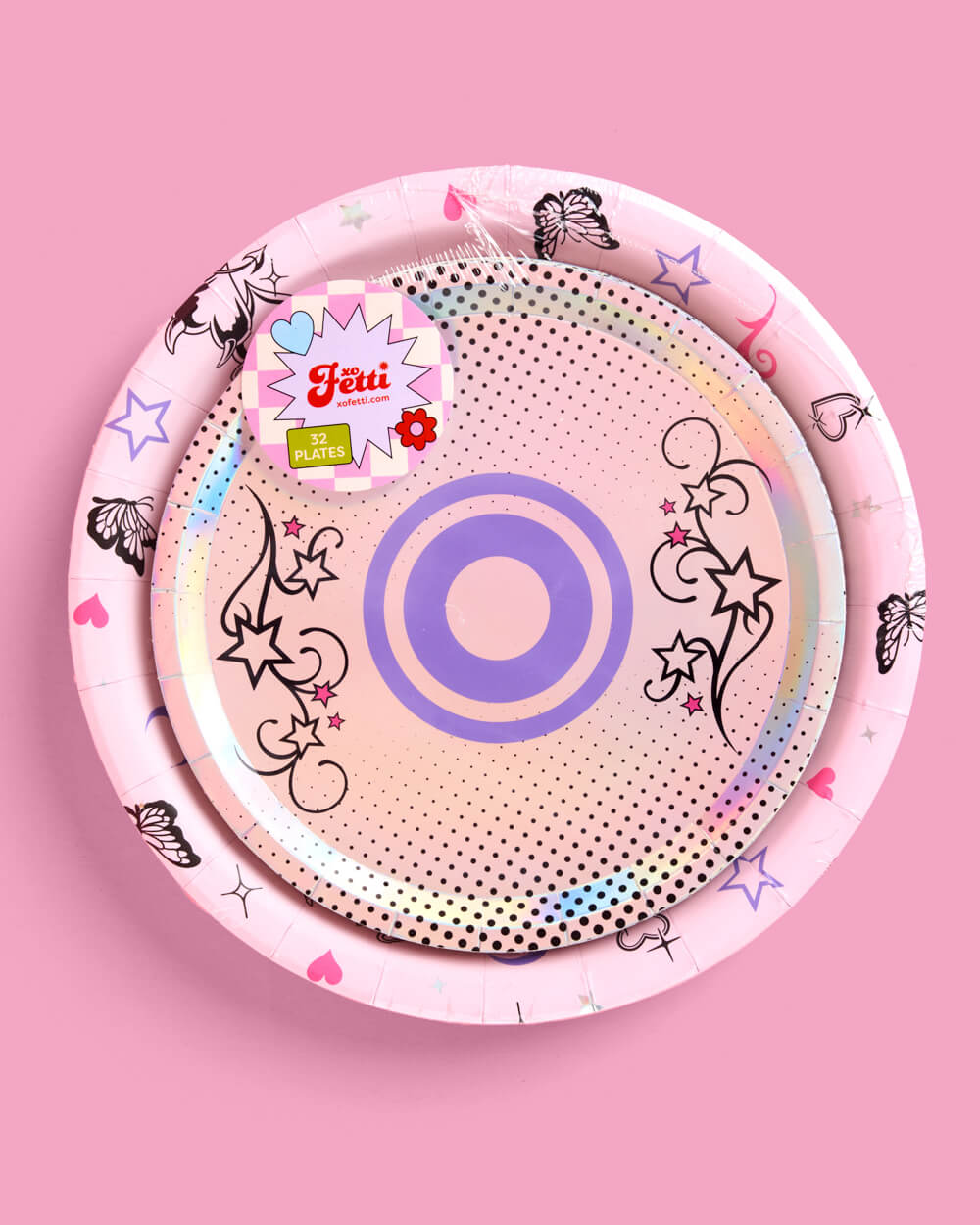 Y2K party plates in retail packaging with the iridescent CD dessert plate on top