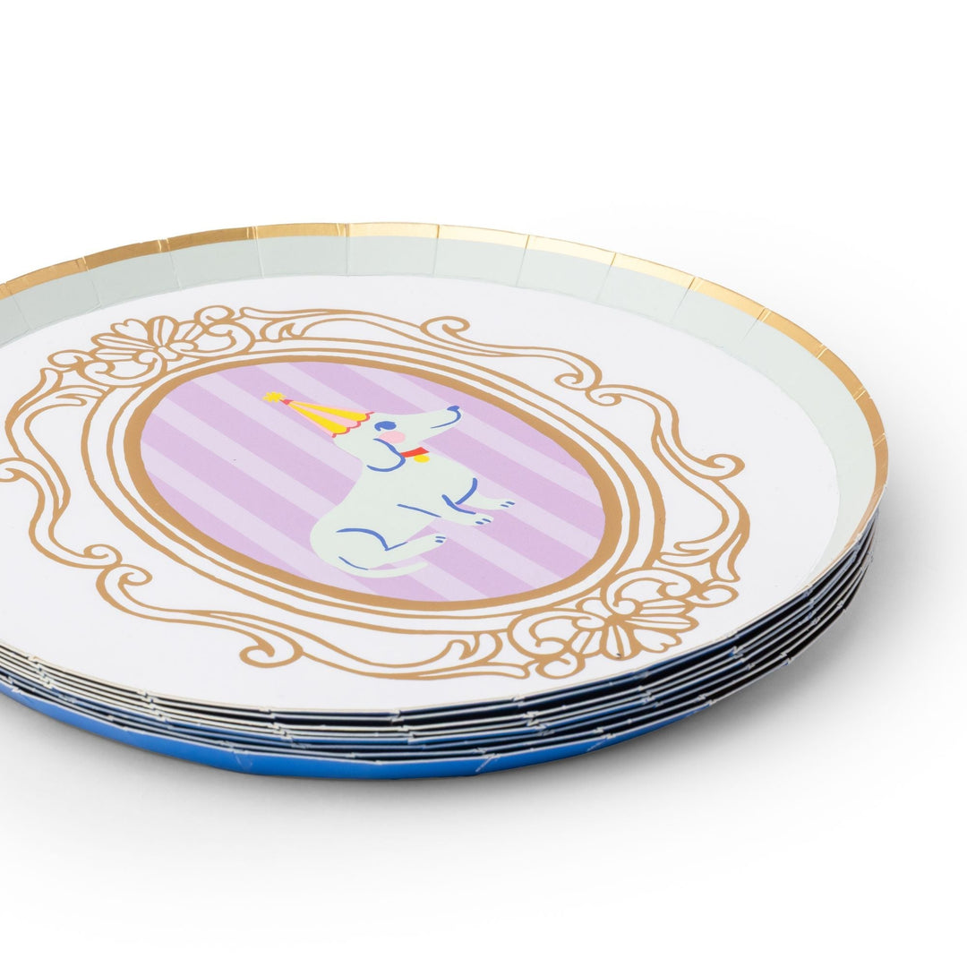 Stack of puppy dog cameo party plates showing the blue-rimmed design