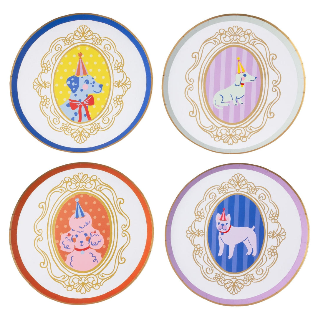 Puppy dog small party plates with party-hat dogs in gold cameo frames for a puppy birthday