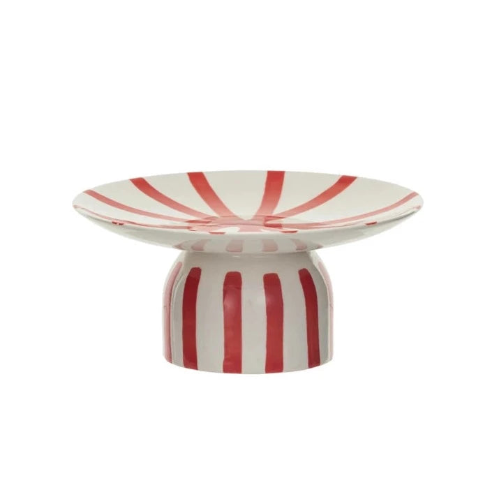 RED & CREAM STONEWARE PEDESTAL Creative Co-op Christmas Holiday Kitchen & Entertaining Bonjour Fete - Party Supplies