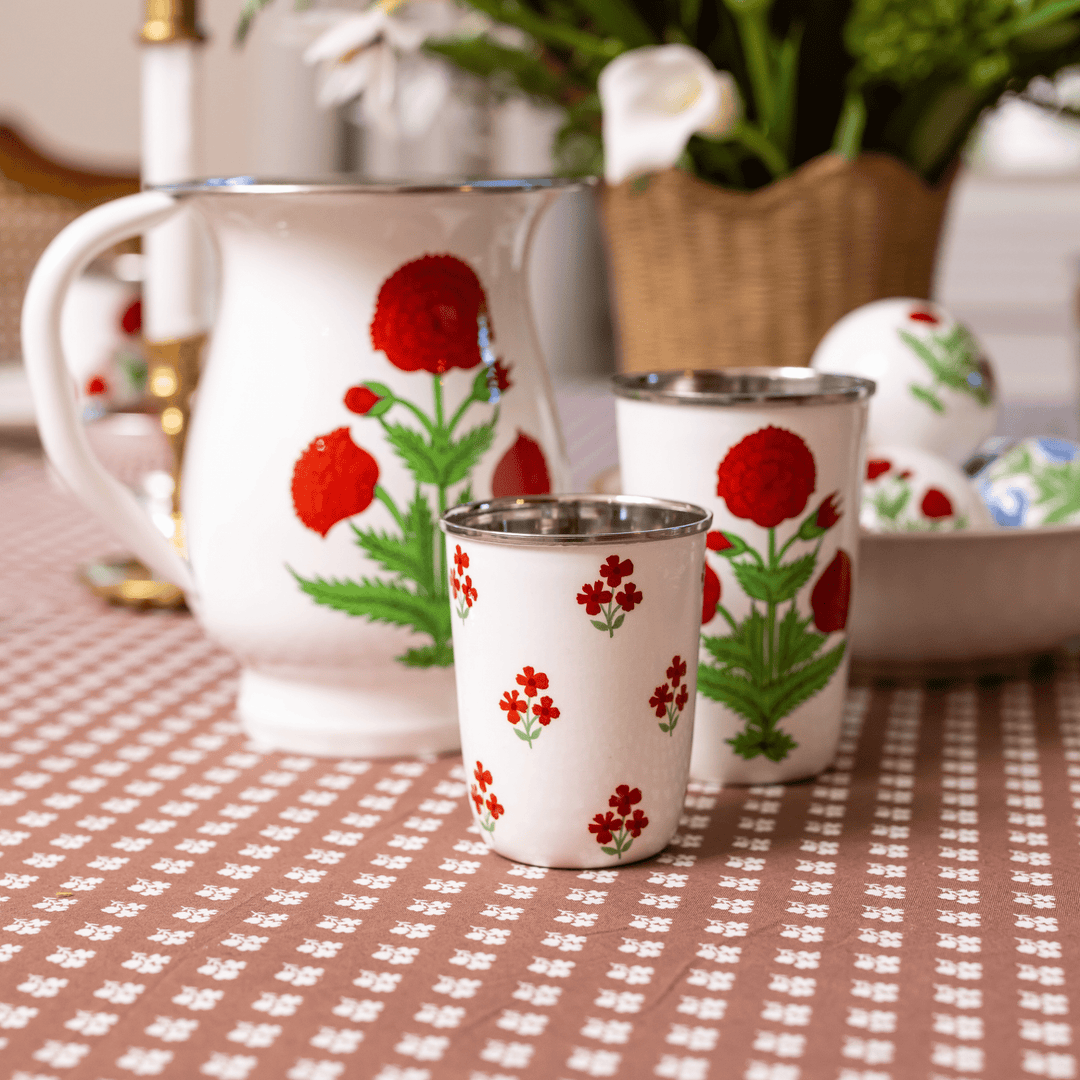 Red Floral Short Enamelware Tumblers - Set of 4