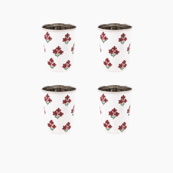 Red Floral Short Enamelware Tumblers - Set of 4