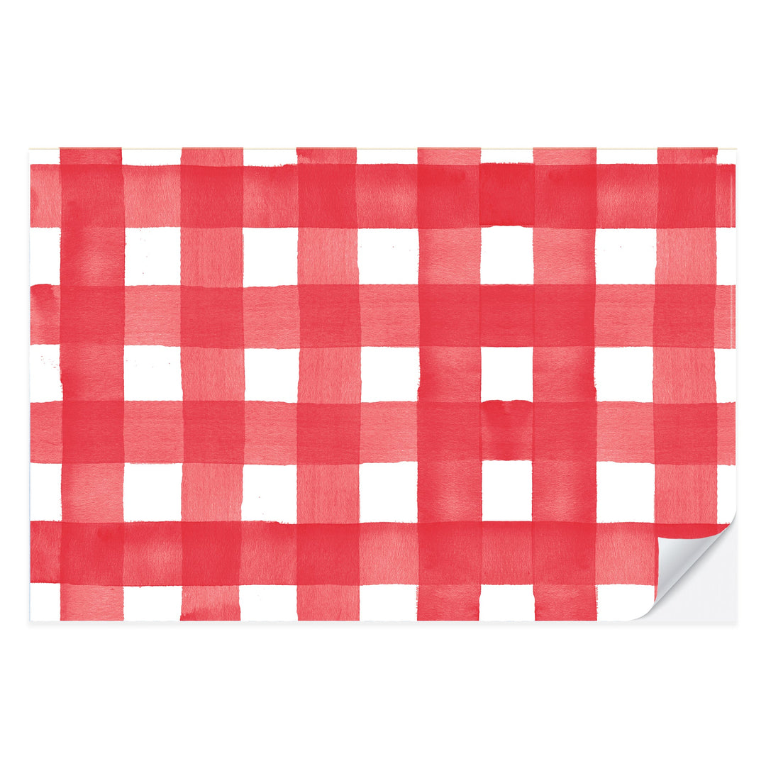 Red and white watercolor gingham check paper placemat from a tear-off pad of 25