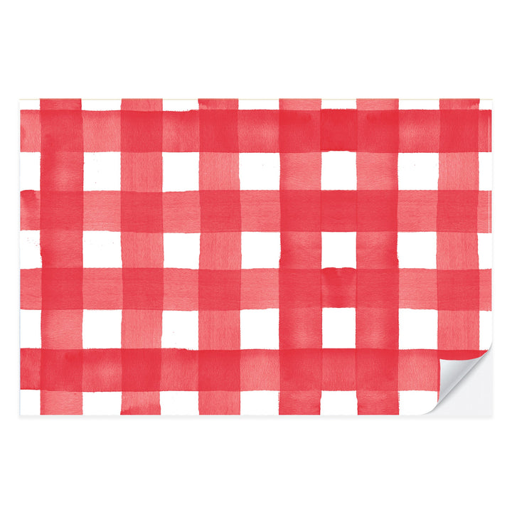 Red and white watercolor gingham check paper placemat from a tear-off pad of 25
