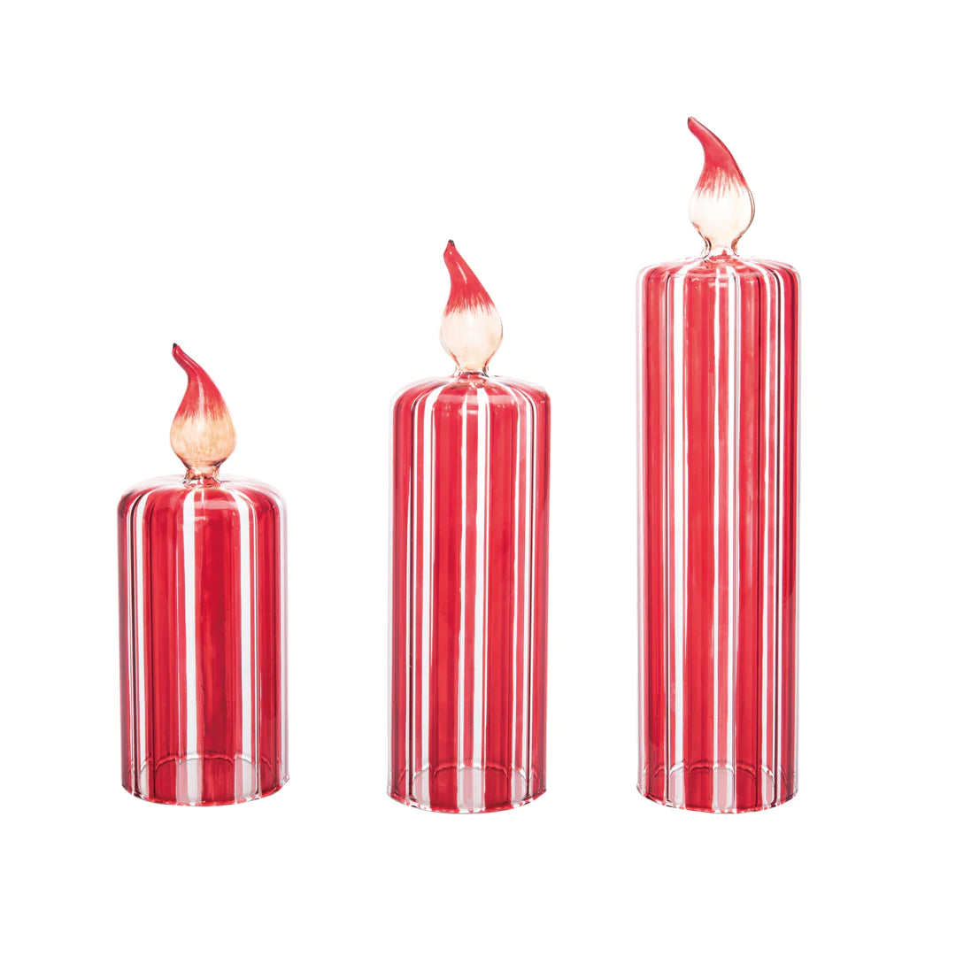 RED STRIPED GLASS CANDLE SET Transpac Christmas Holiday Kitchen & Entertaining Bonjour Fete - Party Supplies