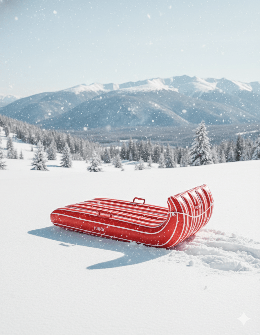 Red and white striped inflatable toboggan sled on a snowy field with mountains behind