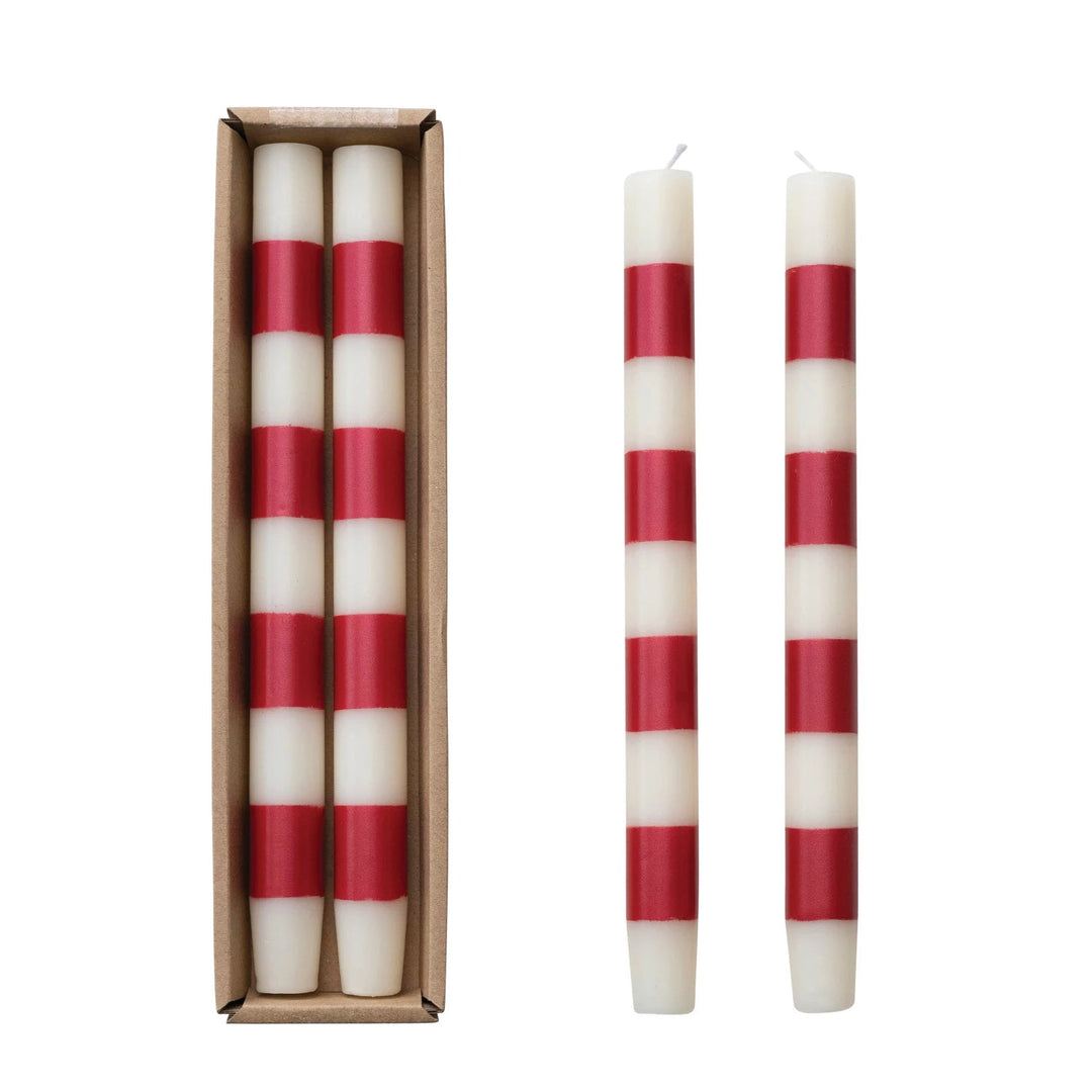 RED & WHITE STRIPED TAPER CANDLES Creative Co-op Christmas Holiday Kitchen & Entertaining Bonjour Fete - Party Supplies