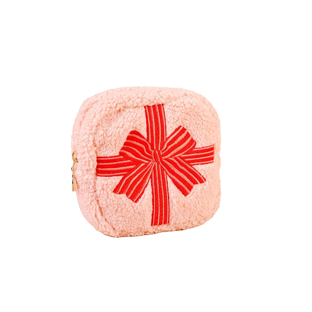 RED HOLIDAY GIFT BOW SQUARE TEDDY POUCH The Darling Effect Beauty Accessories RED HOLIDAY GIFT BOW SQUARE TEDDY POUCH Bonjour Fete - Party Supplies