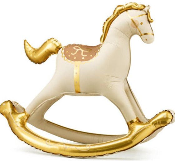 Cream and gold rocking horse foil balloon with a tan saddle for a baby shower or nursery