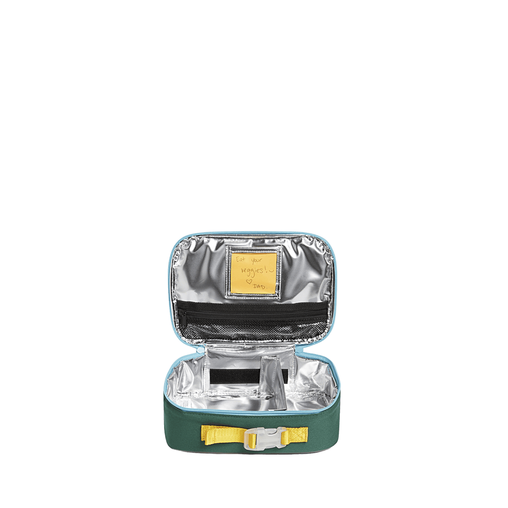 Open Rodgers lunch box showing insulated lining, mesh utensil pocket, note window, and divider