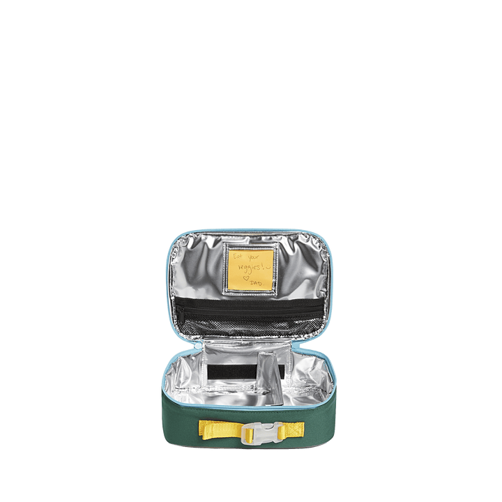 Open Rodgers lunch box showing insulated lining, zip mesh pocket, note window, and divider