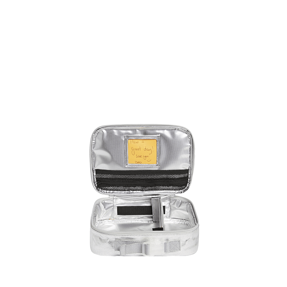 Open Rodgers lunch box showing silver insulated lining, mesh zip pocket, note window, and divider