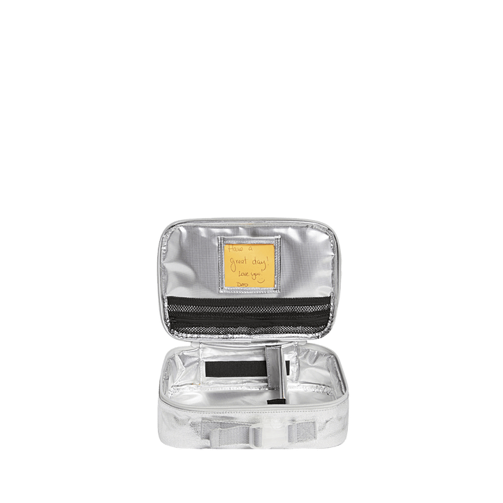 Open Rodgers lunch box showing silver insulated lining, mesh zip pocket, note window, and divider