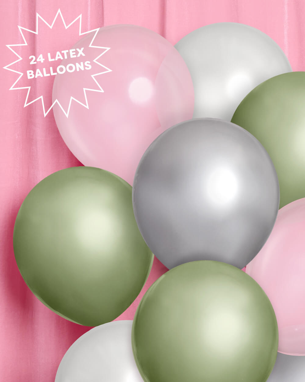 Sage green and chrome latex balloon set with white and clear balloons