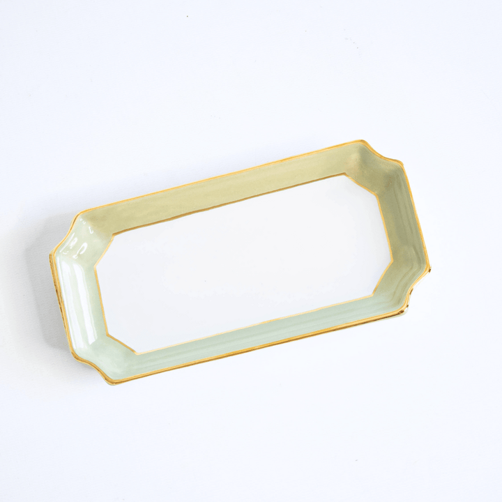 Sage petite valet tray with gold trim on a white studio backdrop, product view for a hostess gift