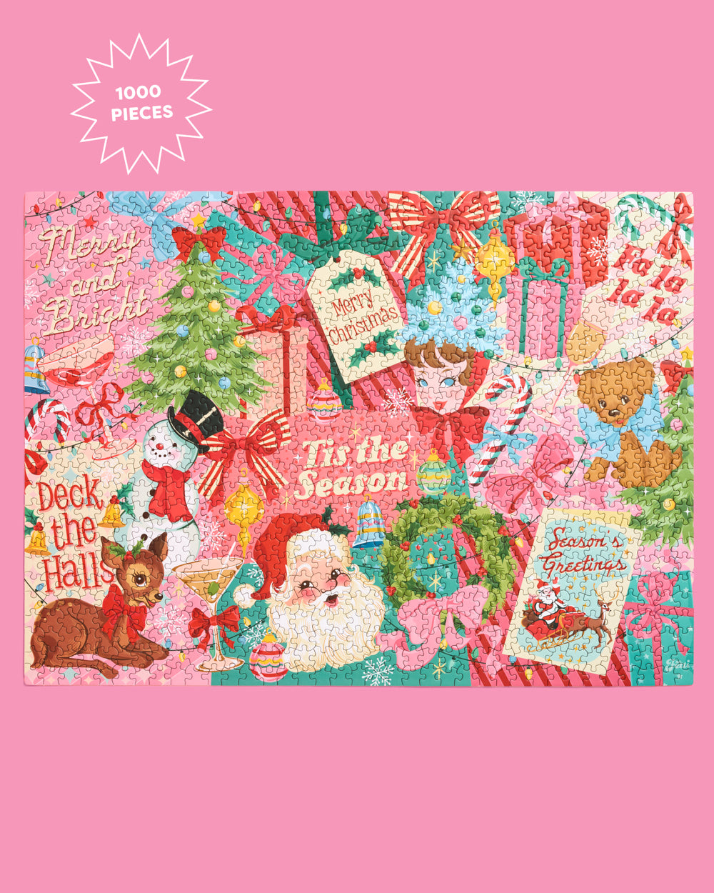 Completed 1000-piece Pinkmas puzzle featuring a colorful retro Christmas collage with Santa, trees, and presents.