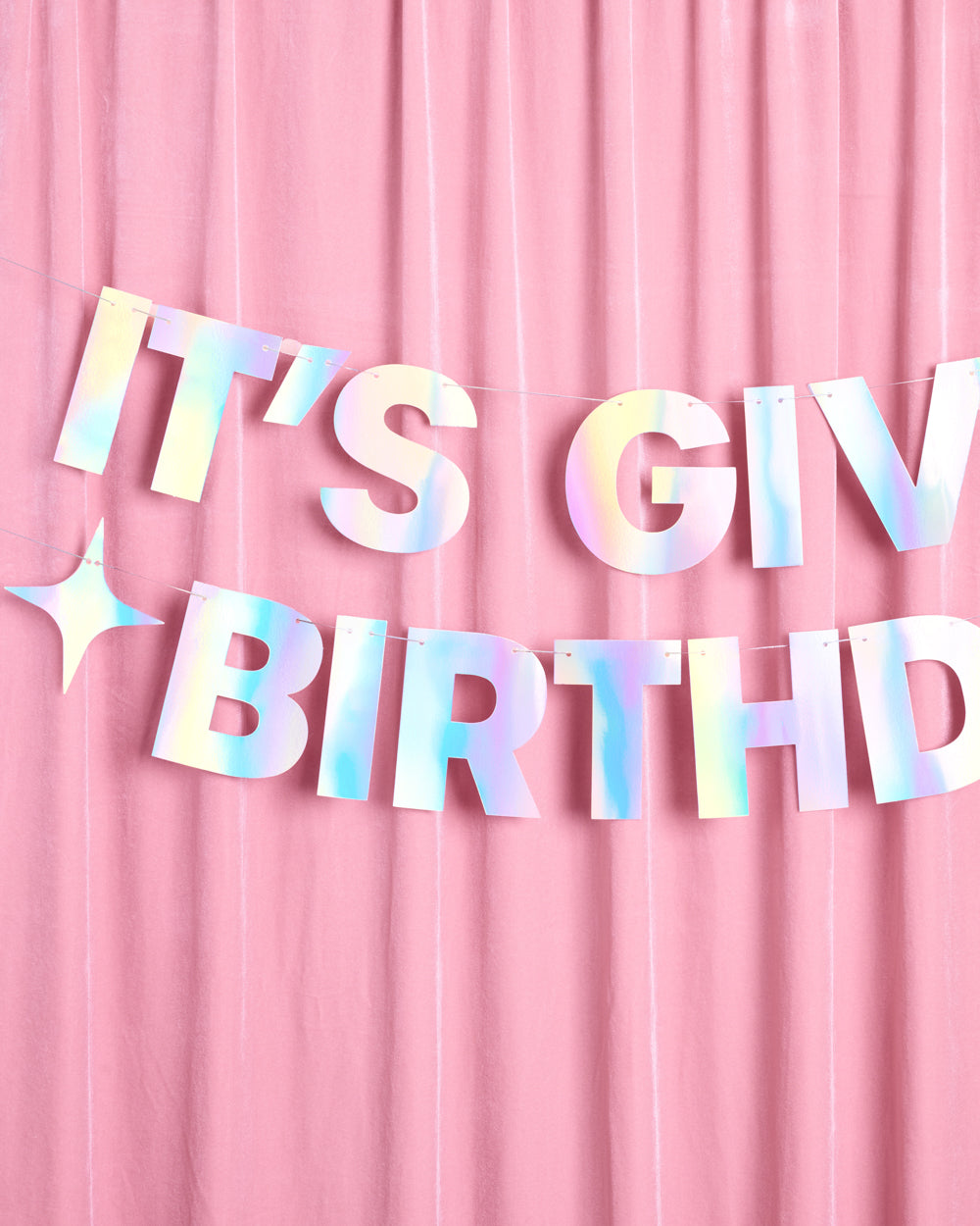 It's Giving Birthday iridescent foil banner with four point star accents