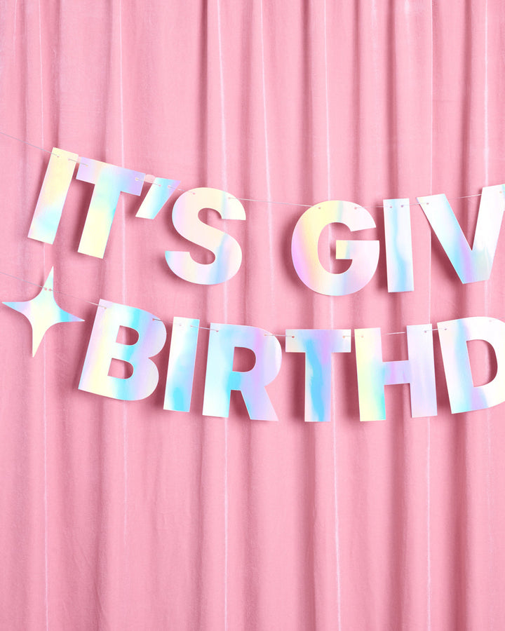 It's Giving Birthday iridescent foil banner with four point star accents