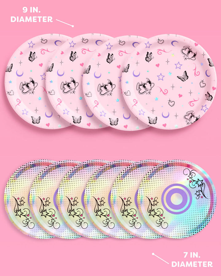Pink butterfly dinner plates and iridescent CD dessert plates from the Y2K birthday bundle