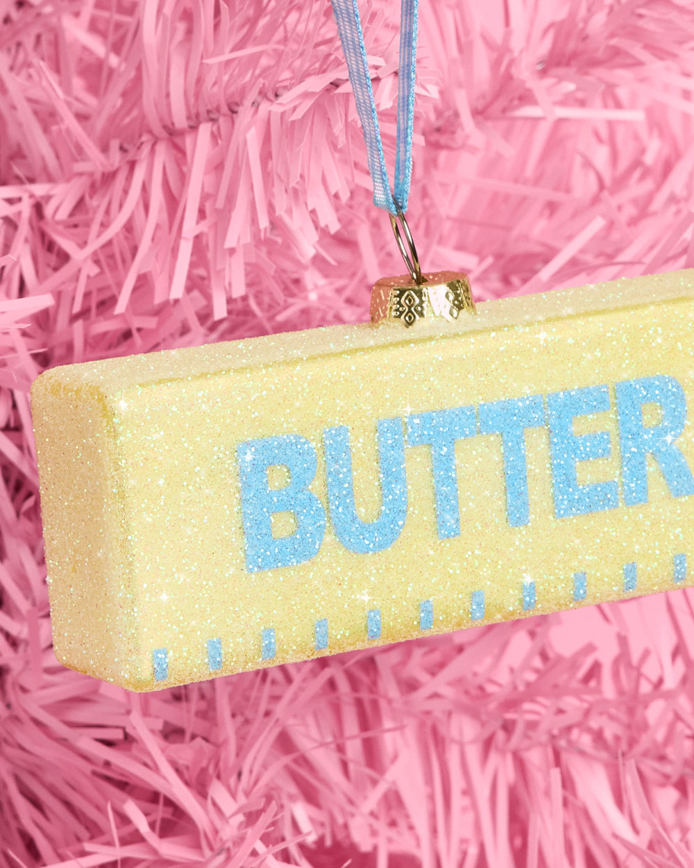 Butter Believe It Ornament - yellow glitter glass ornament