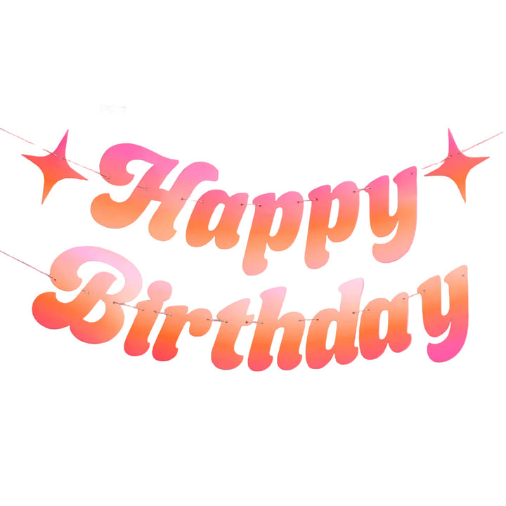 Pink to orange ombre Happy Birthday banner shown pre-strung with two sparkle star accents