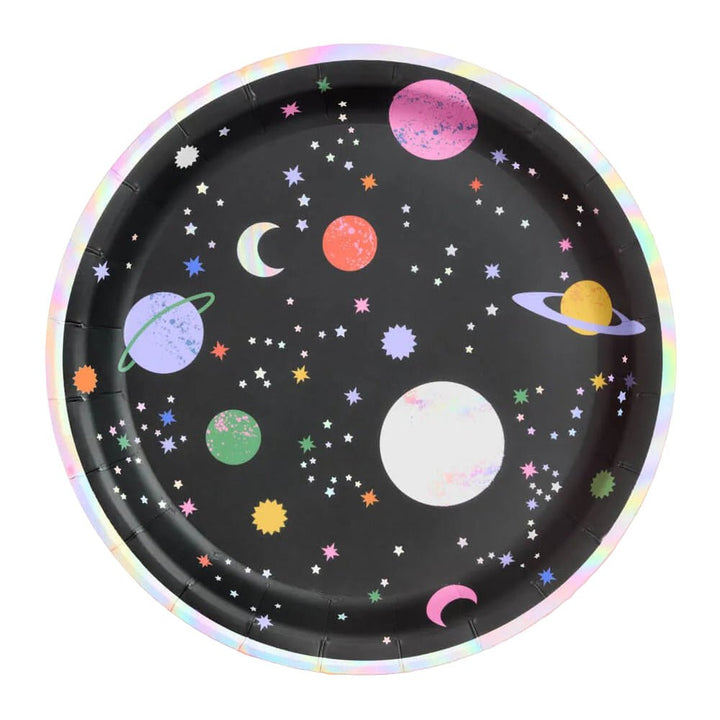 Black paper plate with space-themed illustrations on a pink background