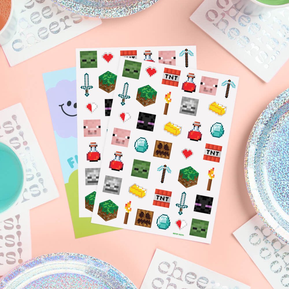 Pixel mining gamer temporary tattoo sheets by xo Fetti with pixel blocks, TNT, swords, and mob faces