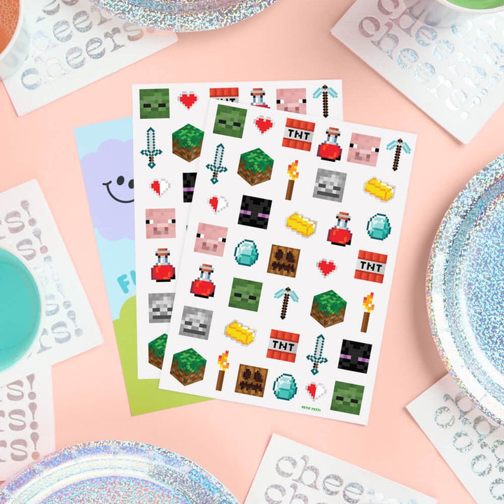 Pixel mining gamer temporary tattoo sheets by xo Fetti with pixel blocks, TNT, swords, and mob faces