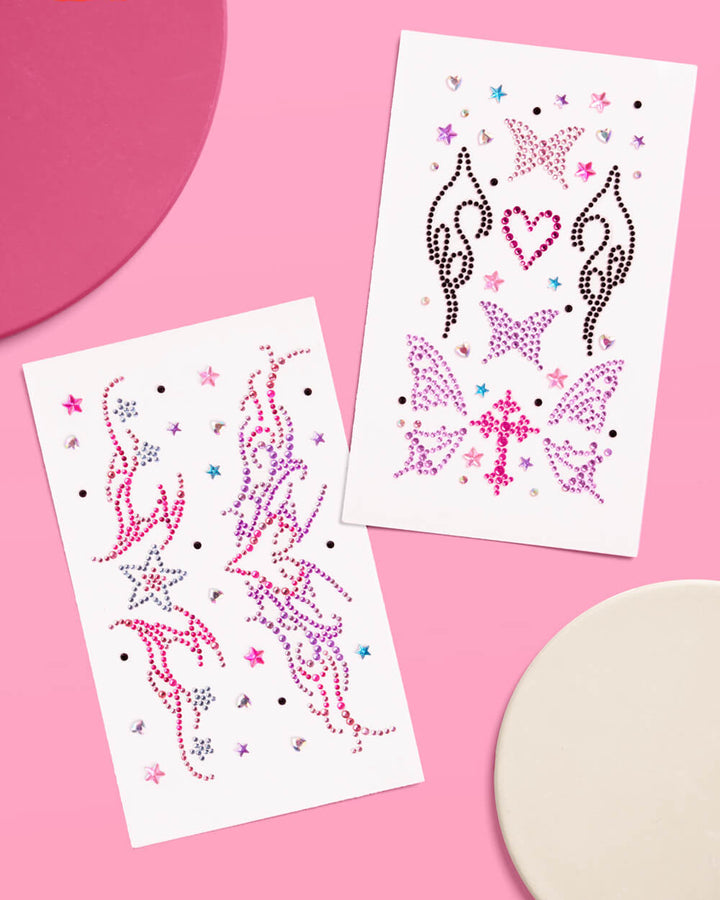 Two sheets of pink, purple, and black Y2K body gems included in the birthday bundle