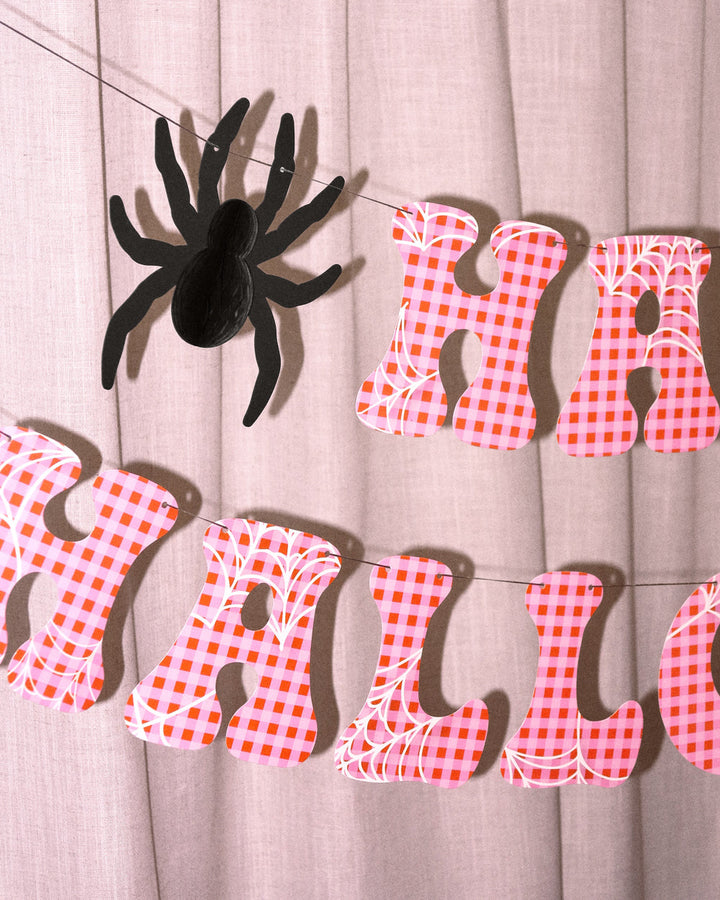 Pink Halloween Banner - pink gingham + spider banner