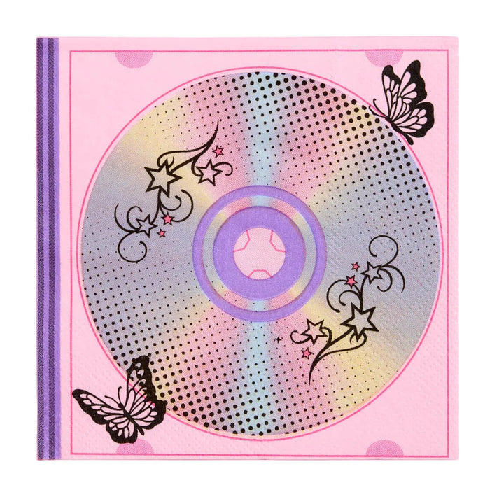 Y2K cocktail napkin printed with an iridescent CD, tattoo-style stars, and black butterflies